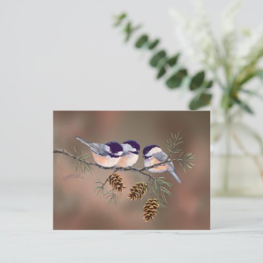 3 CHICKADEES EN PINE CONESby SHARON SHARPE Briefkaart (Staand voorkant)