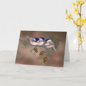 3 CHICKADEES & PINE CONES van SHARON SHARPE Kaart (Gele Bloem)