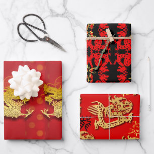 3 Chinese Dragon papier gesneden jaar WPFS Inpakpapier Vel
