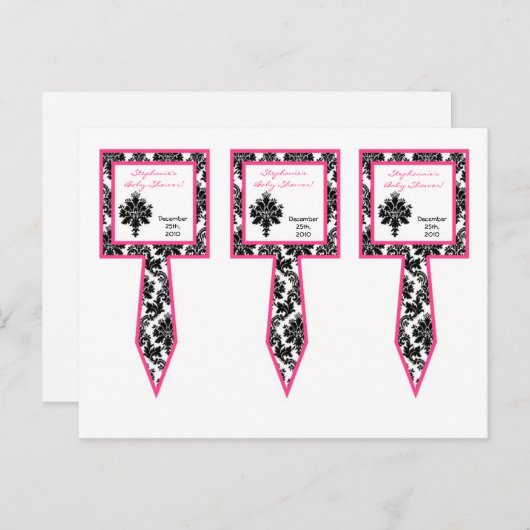 3 Cup Cake Picks Hot Pink Black Damask Uitnodiging Briefkaart (Voorkant / Achterkant)
