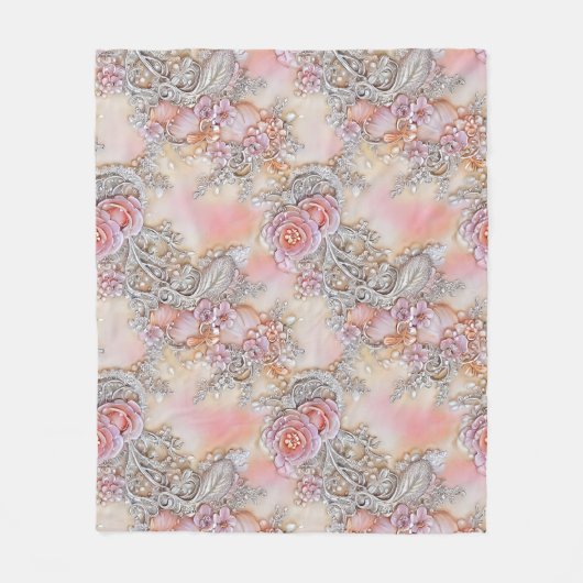 3-D bedazzled zilver en roze rozen Patroon Fleece Deken (Voorkant)