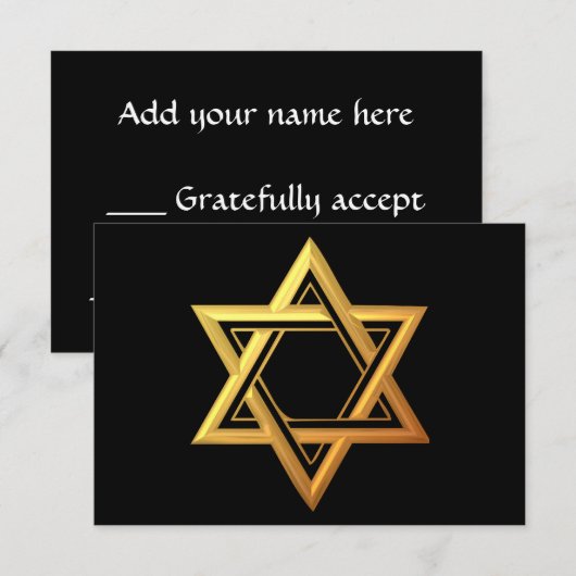 "3-D" Golden Star van David RSVP Kaartje (Voorkant / Achterkant)