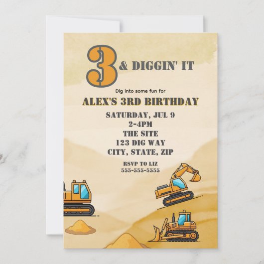 3 & Diggin It, Construction Vehicle 3rd Birthday Kaart (Voorkant)