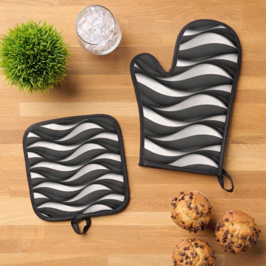 3 Dimensionale Wavy Zwart-wit Patroon Ovenwant & Pannenlap Set (Top down)