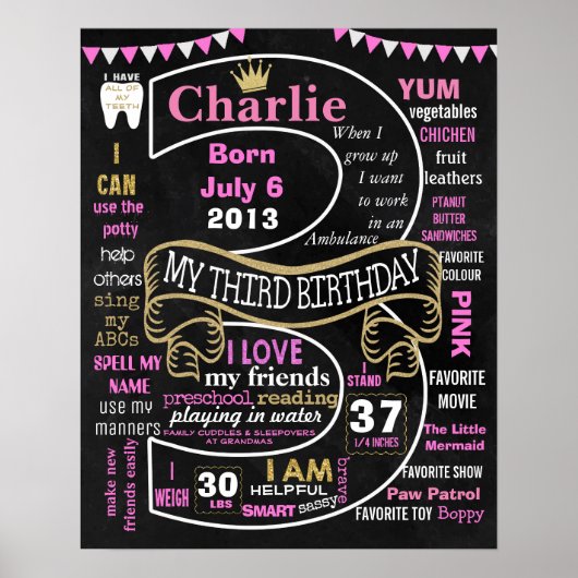 3 e verjaardag van koninklijk prinses chalkboard m poster (Voorkant)