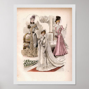3 Edwardiaanse Dames die  Mode van gowns voeren Poster