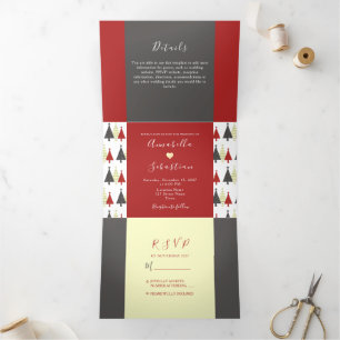 3 en 1 Mariage d'hiver rouge Invitation triplée
