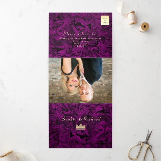 3 en 1 Mariage photo violet triple invitation (Extérieur)