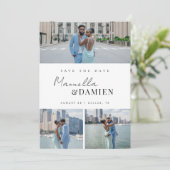 3 favoriete foto's | Moderne script QR-code trouwk Save The Date (Staand voorkant)