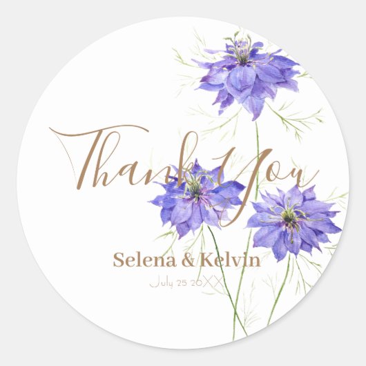3 fleurs de nigella violet bleu rond autocollant (Devant)