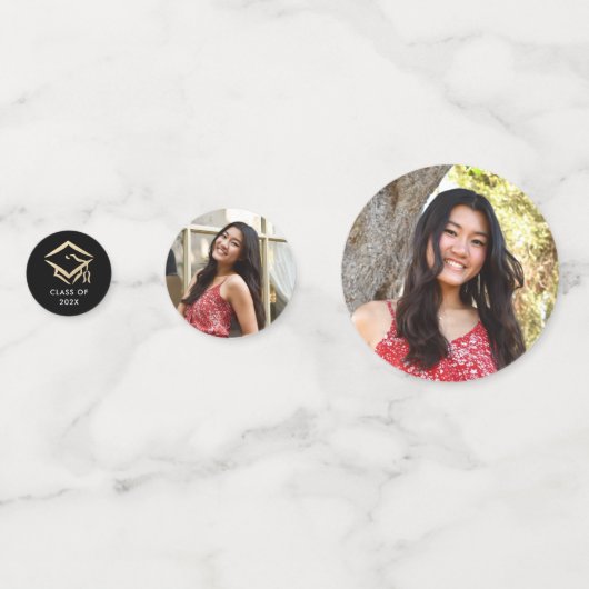 3 Foto Afstuderen Black Gold Modern Script Pet Confetti (Achterkanten)