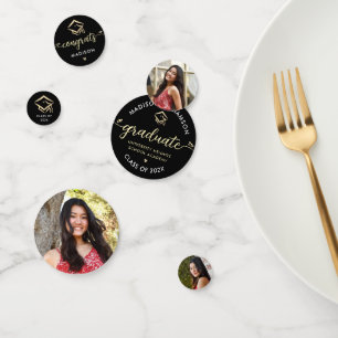 3 Foto Afstuderen Black Gold Modern Script Pet Confetti