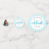 3 Foto Afstuderen Turquoise Blue Glitter Script Confetti (Voorkanten)