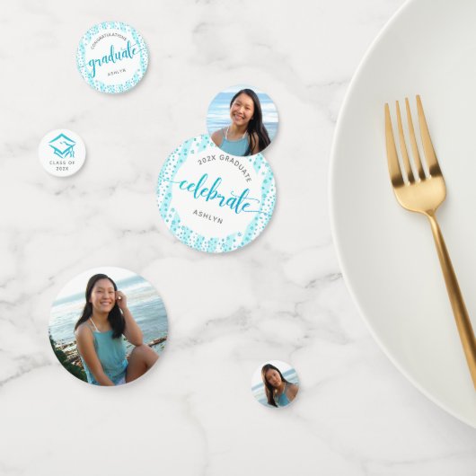 3 Foto Afstuderen Turquoise Blue Glitter Script Confetti (Groep)