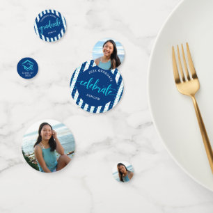 3 Foto Afstuderen Turquoise Glitter Script Navy Confetti