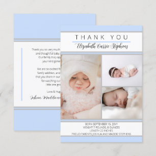 3 Foto Blue White Baby shower Birth Announcemen Bedankkaart