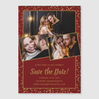 3 Foto Burgundy Red Gold Save the Date Magnetische Uitnodiging