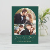 3-foto Collage Arch Emerald Green Gold QR-code Save The Date (Staand voorkant)