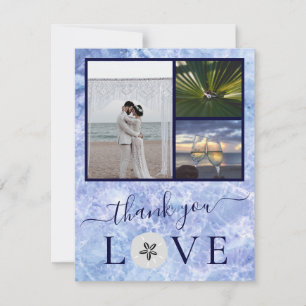 3 Foto Collage Blue Water Sand dollar Weddenschap Bedankkaart