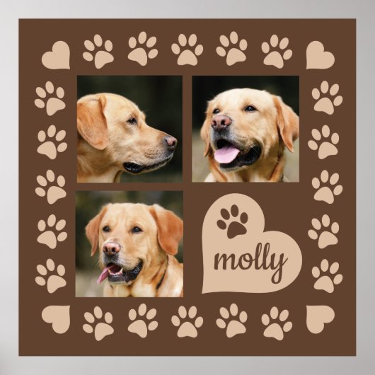 3 Foto Collage Dog Name Brown Heart Poster (Voorkant)