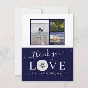 3 Foto Collage Gray Sand dollar Navy Blue Weddensc Bedankkaart