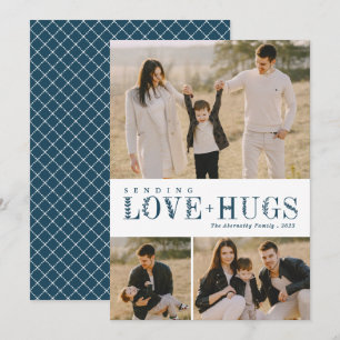 3 Foto Collage Greenery Letters Love Hugs Blue Feestdagenkaart
