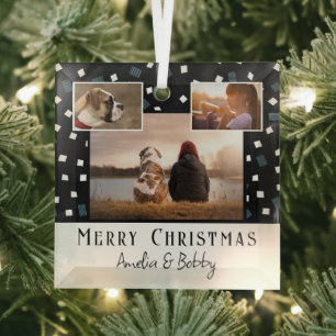 3 Foto Collage Modern Black White Kerstmis Glas Ornament