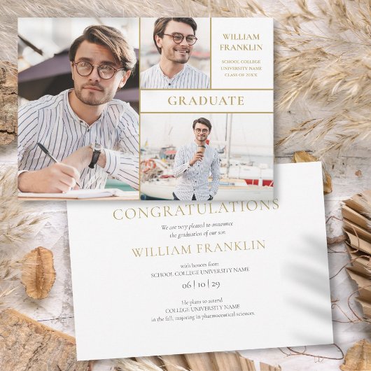 3 Foto Collage Modern Goud Afstuderen Aankondiging