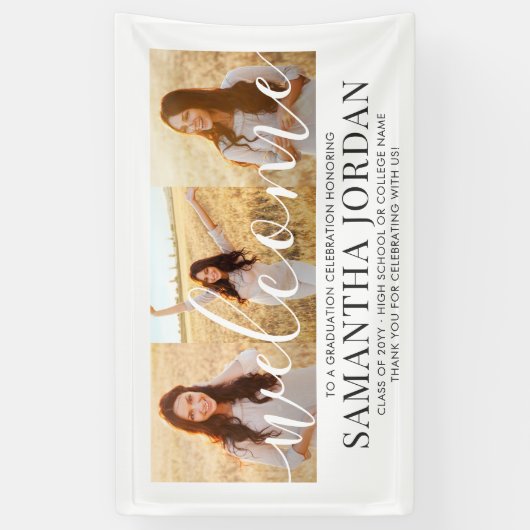 3 Foto Collage Modern Script Afstuderen Welkom Spandoek (Verticaal)