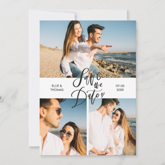 3 Foto Collage Moderne Script Save the Date Kaart (Voorkant)