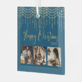 3 Foto Collage Rustic Blue Garland Lichten Glas Ornament (Voorkant links)