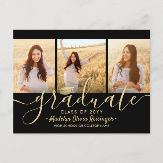 3 Foto Collage Script Black en Gold Afstuderen Aankondigingskaart (Voorkant)