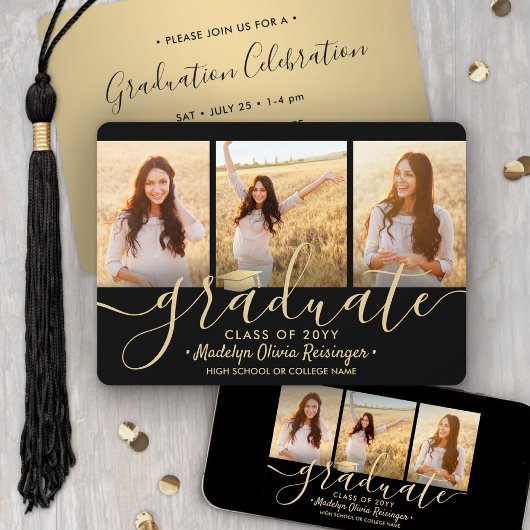 3 Foto Collage Script Black Gold Graduparty Kaart