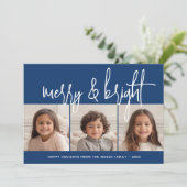 3 Foto Collage Script blue Merry Bright Feestdagenkaart (Staand voorkant)