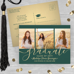 3 Foto Collage Script Green en Gold Afstuderen Aankondigingskaart