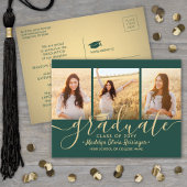 3 Foto Collage Script Green en Gold Afstuderen Aankondigingskaart