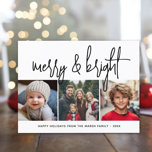 3 Foto Collage Script zwart wit Merry Bright Feestdagenkaart