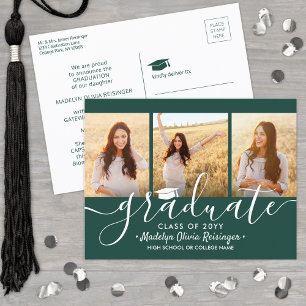 3 Foto Collage Simple Dark Green White Afstuderen Aankondigingskaart