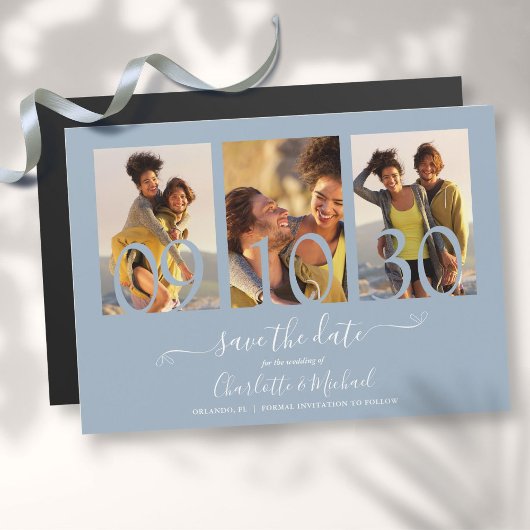 3 Foto Collage Wedding Save the Date Dusty Blue Magnetische Uitnodiging