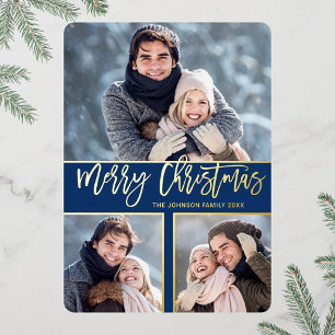 3 FOTO Eenvoudig Elegant Sparkle-kerstGold Folie Feestdagenkaart