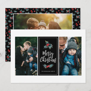 3 foto Elegant geschilderd Holly   Kerstmis zwart Feestdagenkaart