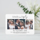 3 Foto Elegant Simple Script Kindly Reply Wedding RSVP Kaartje (Staand voorkant)
