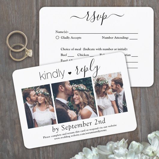 3 Foto Elegant Simple Script Kindly Reply Wedding RSVP Kaartje