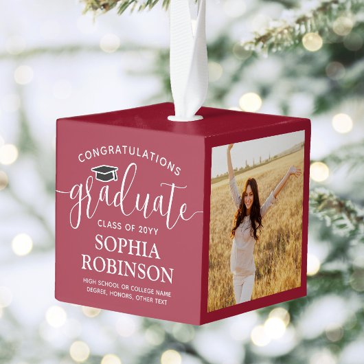 3 Foto Gefeliciteerd Elegant Afstuderen Red Kubus Ornament