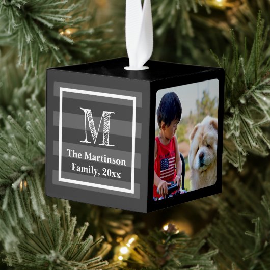 3 Foto Gepersonaliseerd collage met monogram Kubus Ornament (Boom)