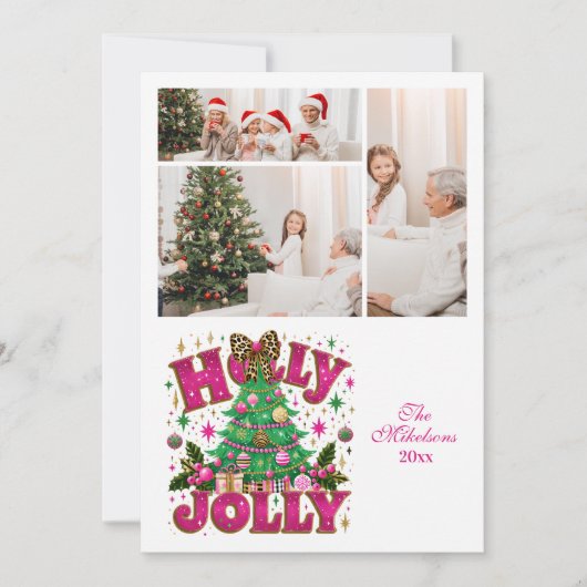 3 Foto Glitter Leopard Bow Holly Jolly Feestdagenkaart (Voorkant)