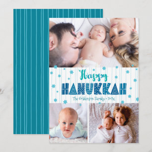 3 Foto Happy Hanukkah Modern Fun Typografie Blauwg Feestdagenkaart