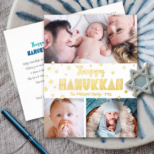 3 Foto Happy Hanukkah Modern Whimsical Real Gold Folie Feestdagen Briefkaart