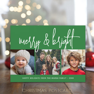 3 Foto kerstcollage - Merry & Bright green - Feestdagenkaart