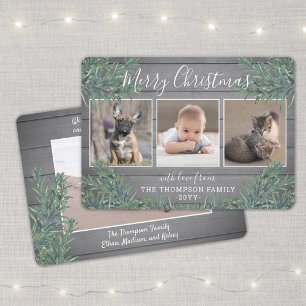 3 Foto Kerstgroen & rustiek grijs hout Feestdagenkaart